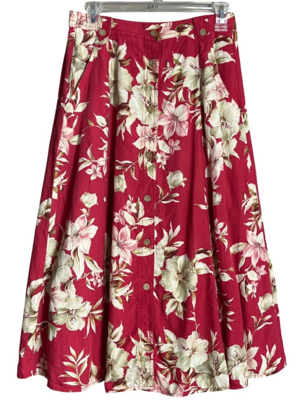 Country Classics Koret Floral Midi Skirt Red A-line Pockets Button Cottagecore M